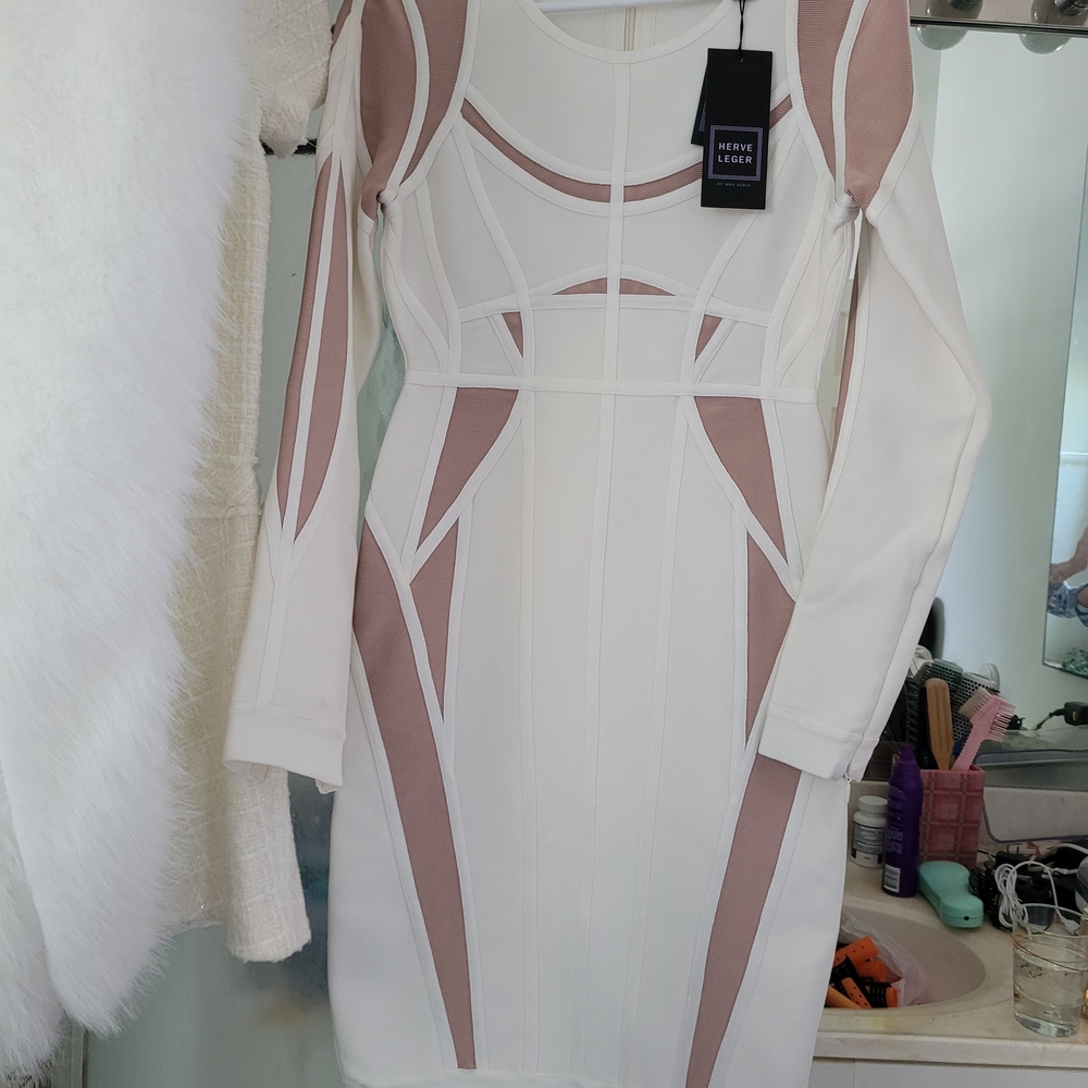 Herve Leger White and Nude Long Sleeve Dress,Run Way. - Picture 6 of 7